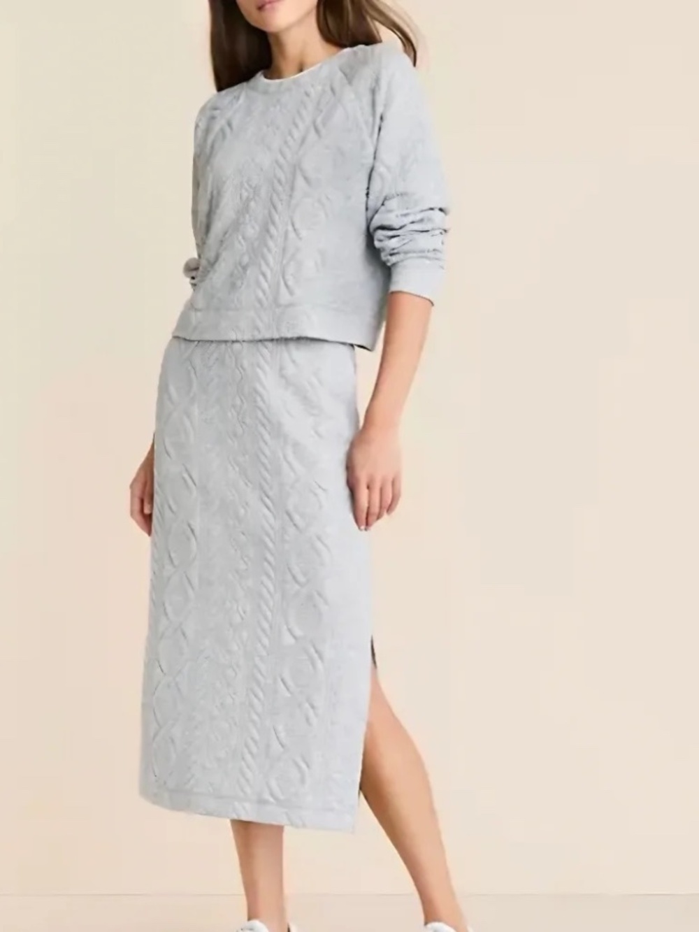 Lou & Grey Alpine Quilted Cable Knit 2 Piece Set Midi Skirt Cropped Top M